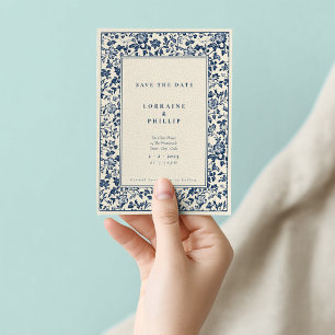 Elegant blauw en crème bloemige stijl save the date