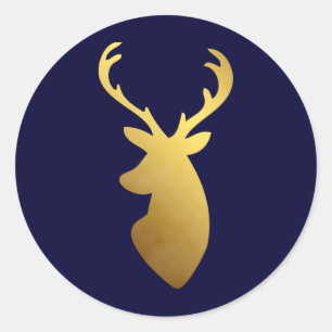 Elegant blauw en faux goud foliehertenhoofd ronde sticker