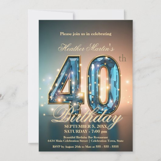 Elegant blauw en goud 40e verjaardag kaart (Voorkant)