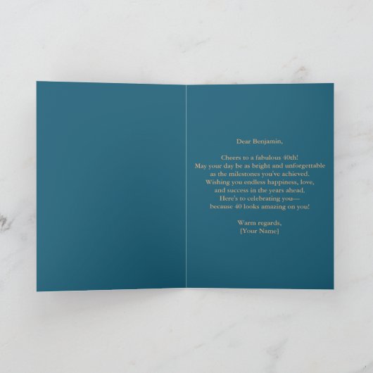 Elegant blauw en goud 40e verjaardag kaart (Binnen)