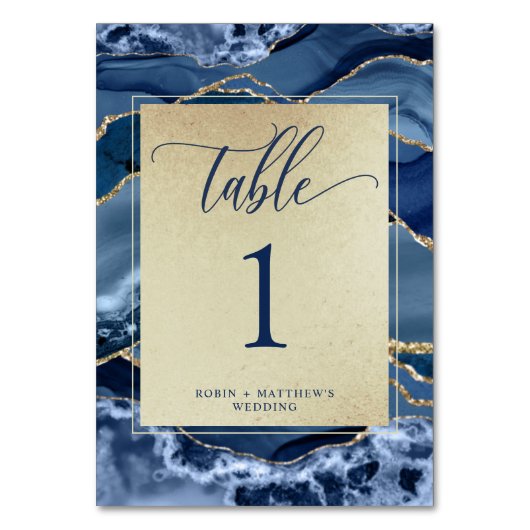 Elegant Blauw en Goud Agaat Crystal Tafelnummer (Voorkant)