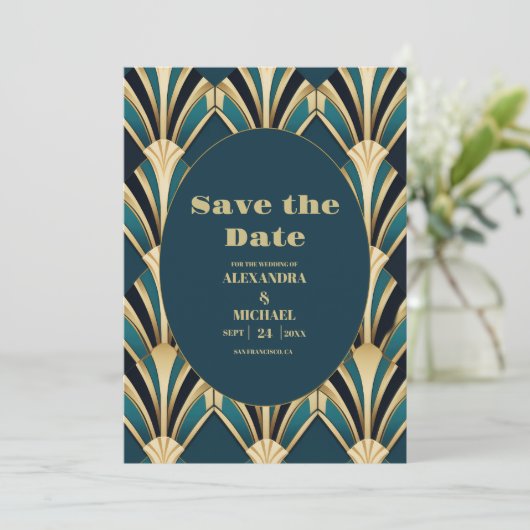 Elegant Blauw en Goud Art Deco Bruiloft Save The Date (Staand voorkant)