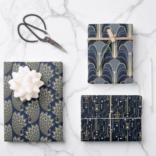 Elegant blauw en goud Art Deco Patroon Inpakpapier Vel (Voorkant)