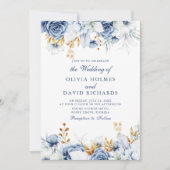 Elegant Blauw en Goud Bloemen Bruiloft Uitnodiging (Voorkant)