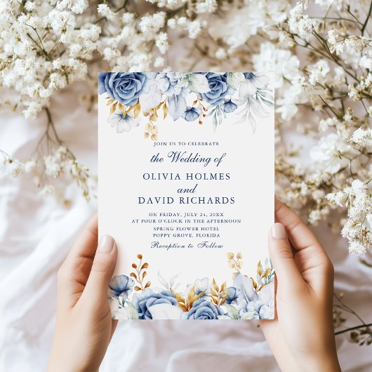 Elegant Blauw en Goud Bloemen Bruiloft Uitnodiging