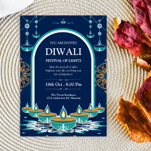 Elegant blauw en goud Diwali Festival of Lights Kaart