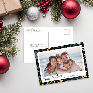 Elegant blauw en goud laat vakantiefoto achter feestdagenkaart