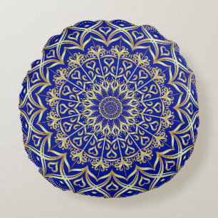 Elegant Blauw en Goud Mandala Decoratief Rond Kussen