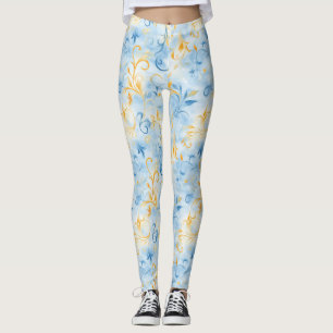 Elegant blauw en goud Paisley-geïnspireerd blad Leggings