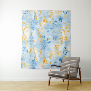 Elegant blauw en goud Paisley-geïnspireerd blad Wandkleed