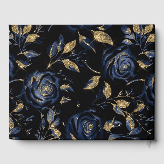 Elegant Blauw en Goud Roos Bloemenbruiloft Gastenboek (Achterkant)
