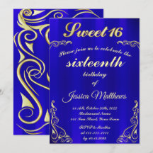 Elegant Blauw en Goud Typografie Sweet 16