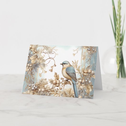 Elegant blauw en goud wintervogel ontwerp kaart (Voorkant)