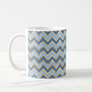 Elegant Blauw en Gouden Chevron Patroon Koffiemok