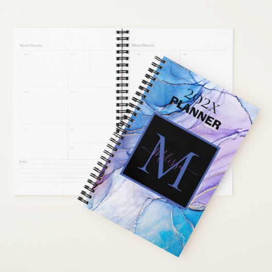 Elegant Blauw en Paarse Gemarmerd Monogram Planner (Display)