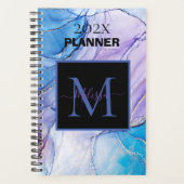 Elegant Blauw en Paarse Gemarmerd Monogram Planner (Voorkant)