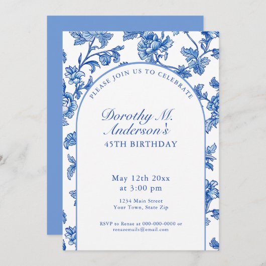 Elegant blauw en wit 45e verjaardagsfeest kaart (Voorkant / Achterkant)