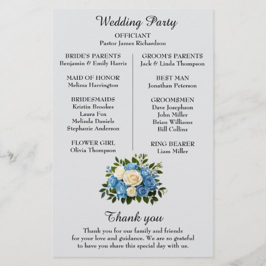 Elegant Blauw en Wit Bloemen Bruiloft Programma (Achterkant)