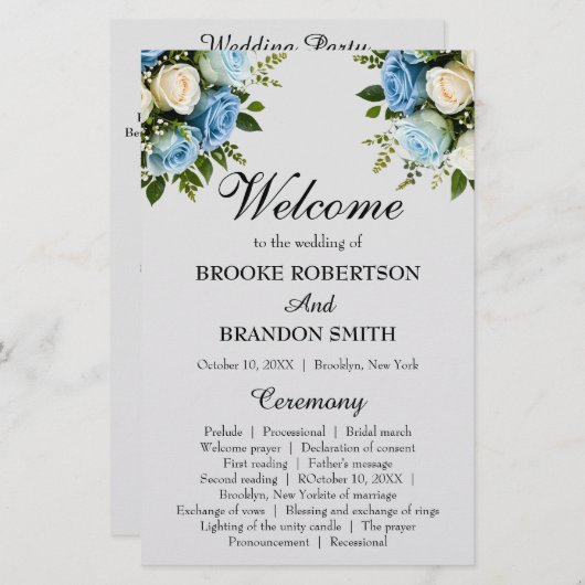 Elegant Blauw en Wit Bloemen Bruiloft Programma (Voorkant / Achterkant)