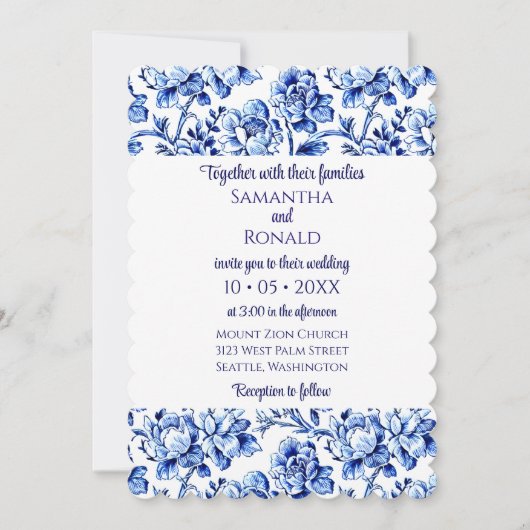 Elegant Blauw en Wit Bloemen Bruiloft Uitnodiging (Voorkant)