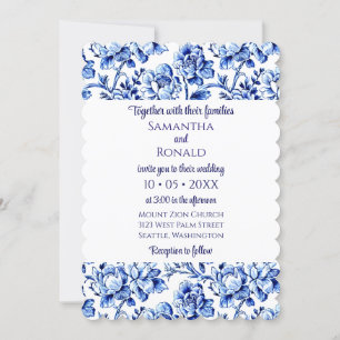 Elegant Blauw en Wit Bloemen Bruiloft Uitnodiging