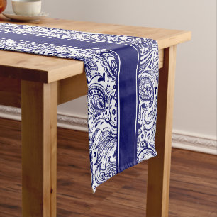 Elegant Blauw en Wit Bloemen Paisley & Stripes Korte Tafelloper