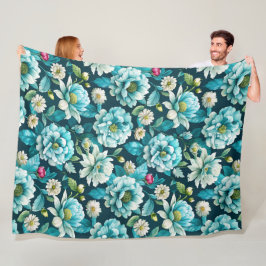 Elegant Blauw en Wit Bloemen Patroon Fleece Blank Deken