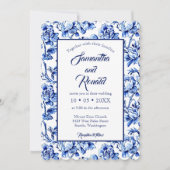 Elegant Blauw en Wit Bloemen Toile Bruiloft Kaart (Voorkant)