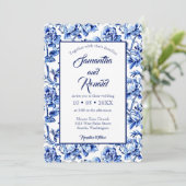 Elegant Blauw en Wit Bloemen Toile Bruiloft Kaart (Staand voorkant)