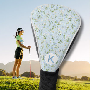Elegant Blauw en Wit Bloemmotief Monogram Golfheadcover