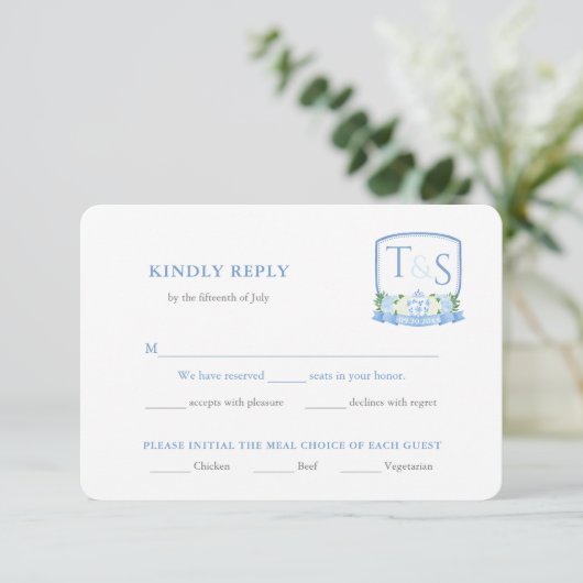 Elegant Blauw en Wit Bruiloft Maaltijd Keuze RSVP Informatiekaartje (Staand voorkant)