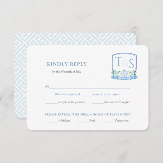 Elegant Blauw en Wit Bruiloft Maaltijd Keuze RSVP Informatiekaartje (Voorkant / Achterkant)