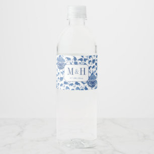 Elegant blauw en wit Chinoiserie bruiloft Waterfles Etiket
