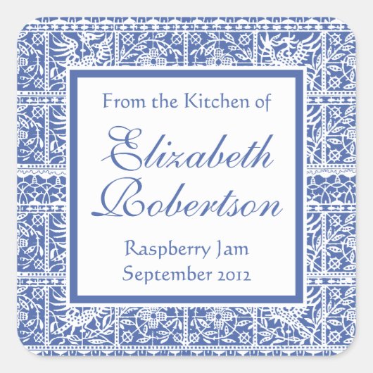 Elegant Blauw en Wit Frans Kant Vierkante Sticker (Voorkant)