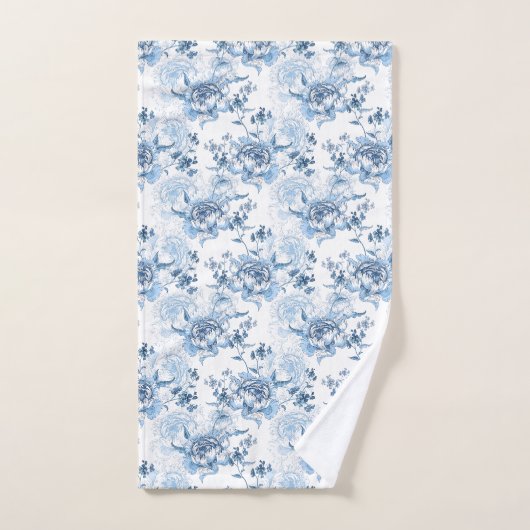 Elegant Blauw en Wit Gegraveerde Pioenrozen Bad Handdoek (Handdoek)
