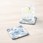 Elegant Blauw en Wit Gegraveerde Pioenrozen Bier Onderzetter (Rechterzijde)