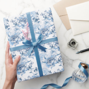 Elegant Blauw en Wit Gegraveerde Pioenrozen Cadeaupapier