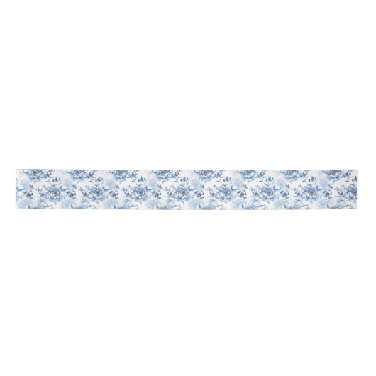 Elegant Blauw en Wit Gegraveerde Pioenrozen Lint (Voorkant)