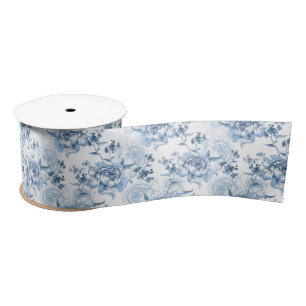 Elegant Blauw en Wit Gegraveerde Pioenrozen Lint