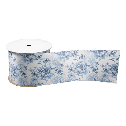 Elegant Blauw en Wit Gegraveerde Pioenrozen Lint (Spoel)