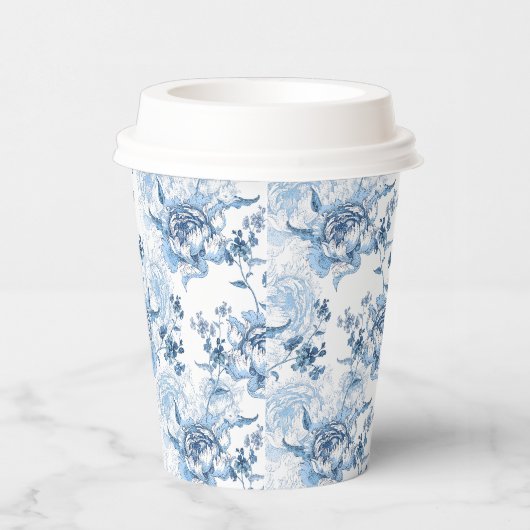 Elegant Blauw en Wit Gegraveerde Pioenrozen Papieren Bekers (Rechts)