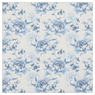 Elegant Blauw en Wit Gegraveerde Pioenrozen Stof
