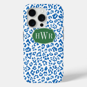 Elegant blauw en wit luipaard print monogram iPhone 15 pro case