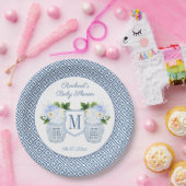 Elegant blauw en wit monogram bloemig Baby shower Papieren Bordje (Feest)