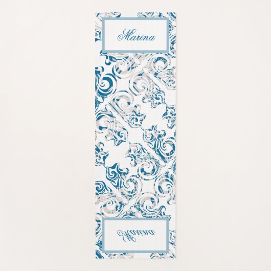 Elegant blauw en wit patroon en jouw naam yogamat (Voorkant)
