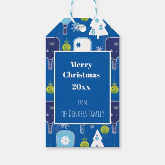 Elegant blauw en witte kerstpickleball cadeaulabel (Voorkant)