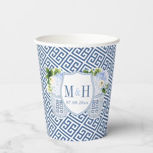 Elegant blauw en witte paren Vrijgezellenfeest Papieren Bekers (Achterkant)