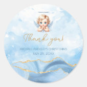 Elegant Blauw Engel Jongen Doop Doop Ronde Sticker (Voorkant)