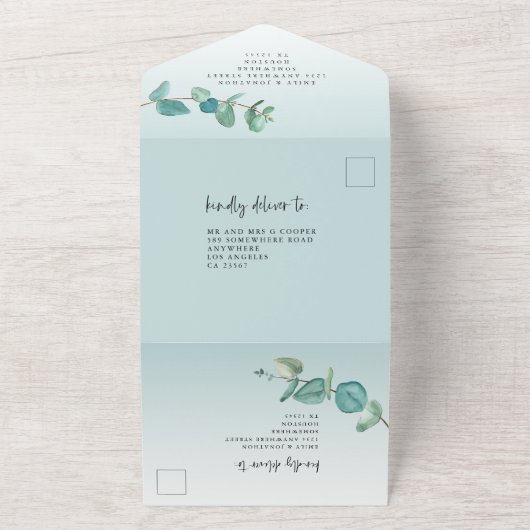 Elegant Blauw Eucalyptus Tak Script Bruiloft All In One Uitnodiging (Buitenkant)
