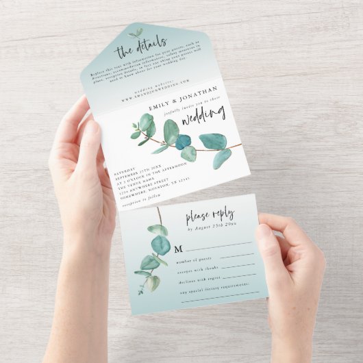 Elegant Blauw Eucalyptus Tak Script Bruiloft All In One Uitnodiging (Afscheurbaar)